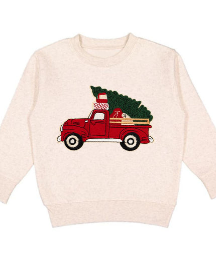 Natural color sweatshirt with red truck carrying a Christmas tree patch