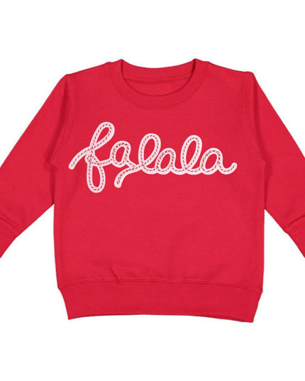 Red Sweatshirt with candy cane stitched falala patch