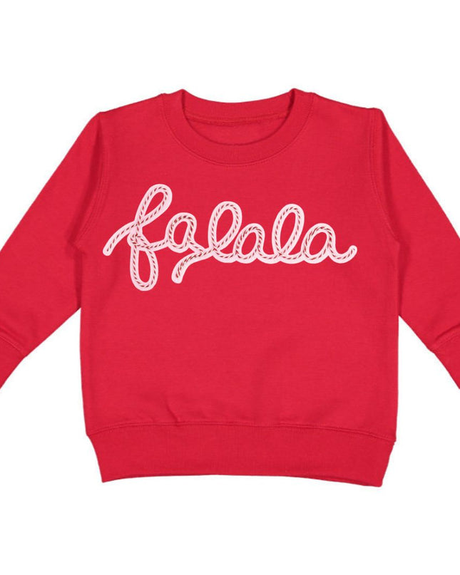 Red Sweatshirt with candy cane stitched falala patch