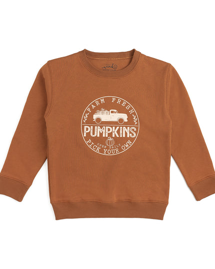 Burnt orange sweatshirt with pumpkin truck graphic