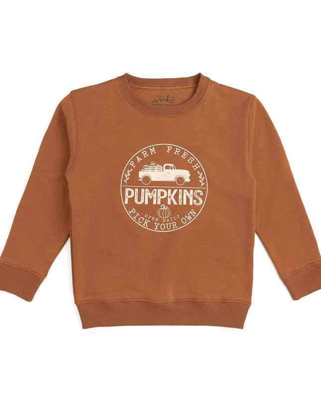 Burnt orange sweatshirt with pumpkin truck graphic