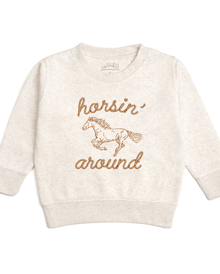 Natural heather sweatshirt with 'horsin around' graphic