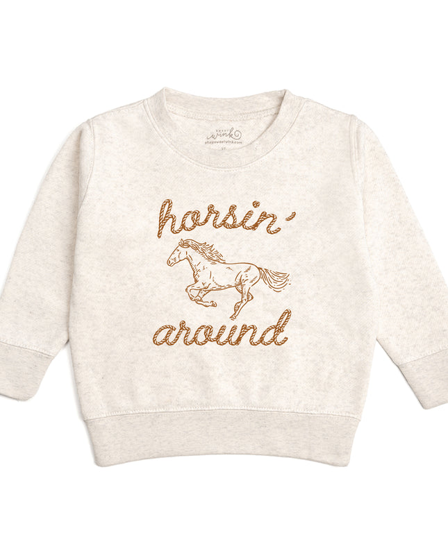 Natural heather sweatshirt with 'horsin around' graphic