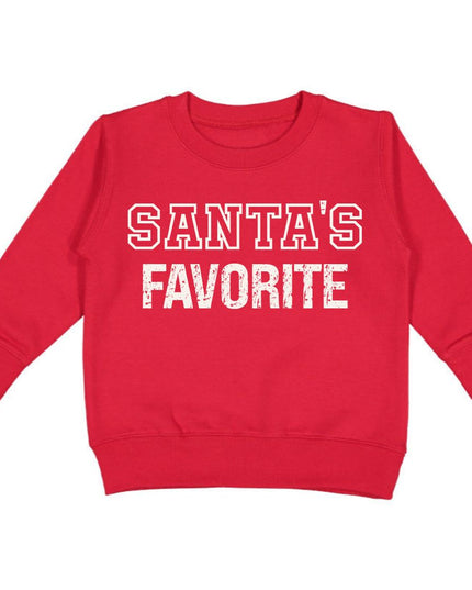 Red sweatshirt with 'Santa's Favorite' graphic