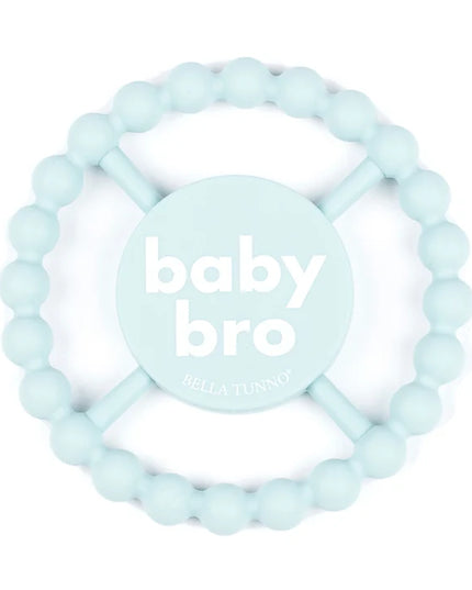 A light blue silicone baby teether with the text 'baby bro'