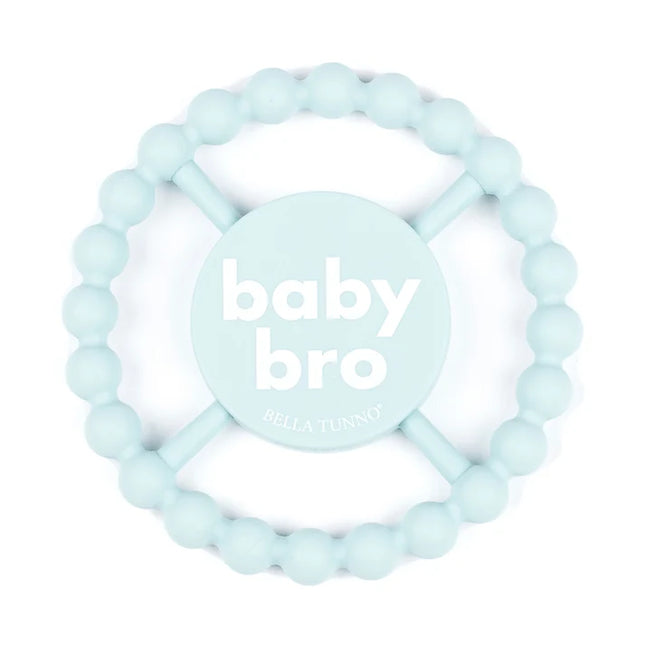 A light blue silicone baby teether with the text 'baby bro'