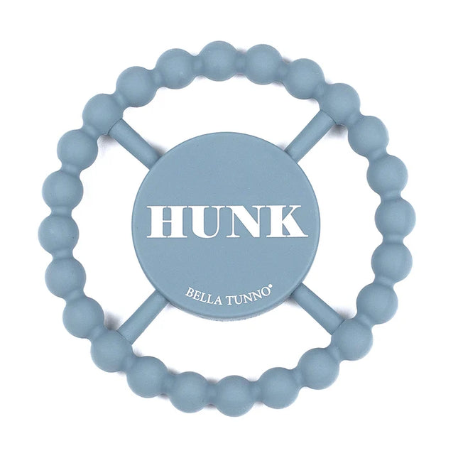 Blue silicone baby teether with the text 'hunk'