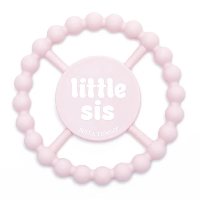 Light pink teething ring with 'little sis' text
