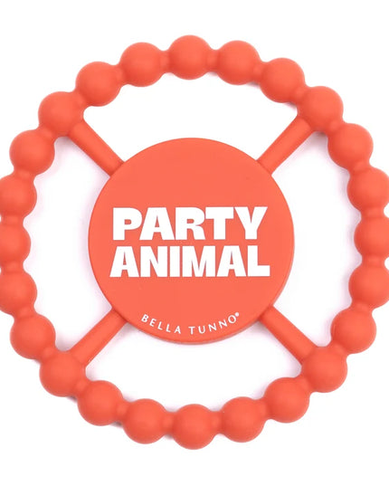 Orange silicone teething ring with 'party animal text
