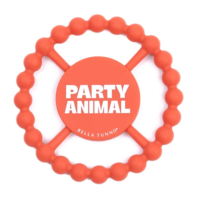 Orange silicone teething ring with 'party animal text