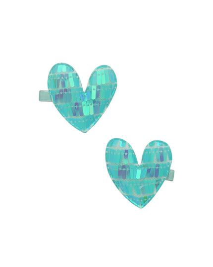 Turquoise Sequin Heart Hair Clips - Set of 2