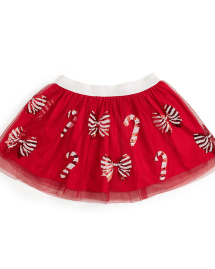 Red tutu with red and white sequin candy canes and bows