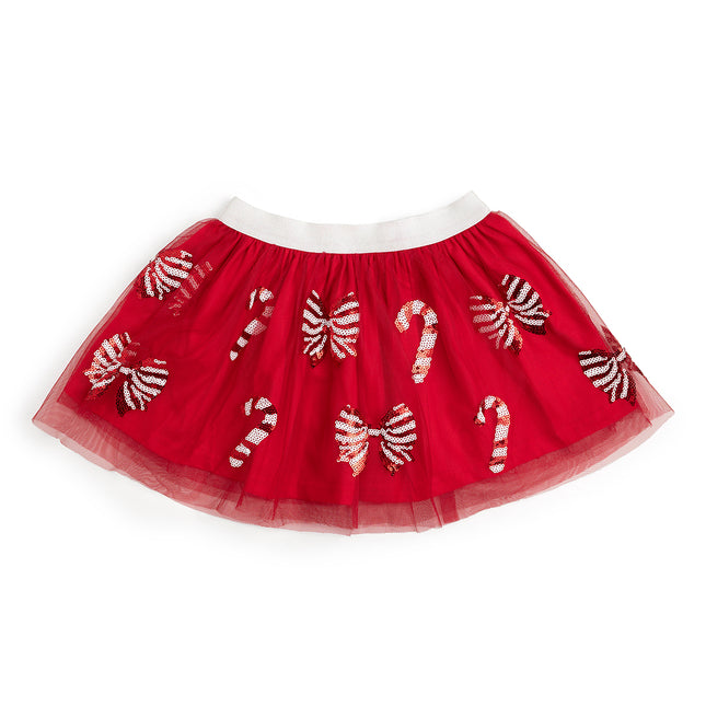 Red tutu with red and white sequin candy canes and bows