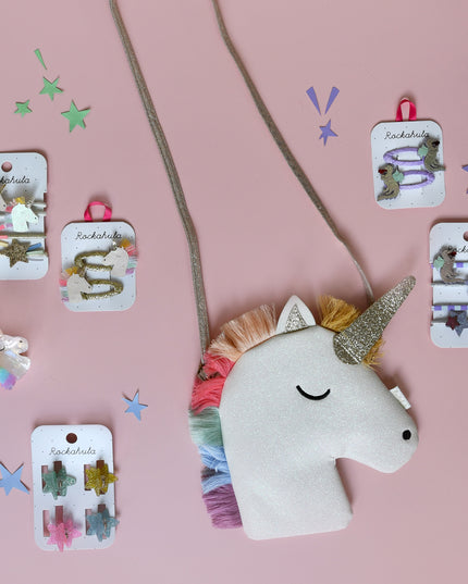 Flatly of Glitter Unicorn Purse with Rainbow Mane and Various Hair Accessories