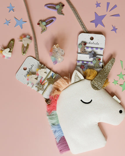 Flatly of Glitter Unicorn Purse with Rainbow Mane and Various Hair Accessories