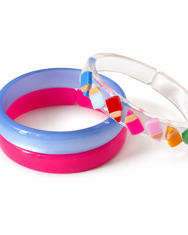 Bracelet set featuring 3 bangles, 1 adorned with tiny colored pencils 