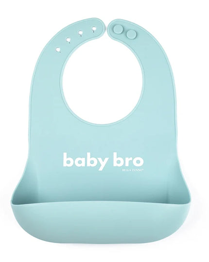 Light blue baby bib with 'baby bro' text