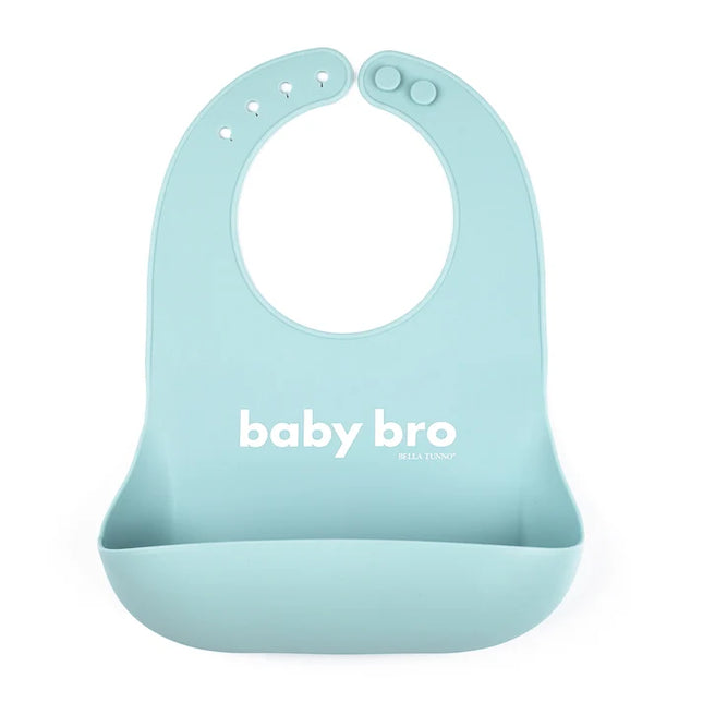 Light blue baby bib with 'baby bro' text