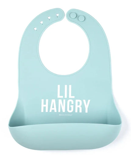 A light blue silicone baby bib with a front pocket and the words 'LIL HANGRY' printed in white