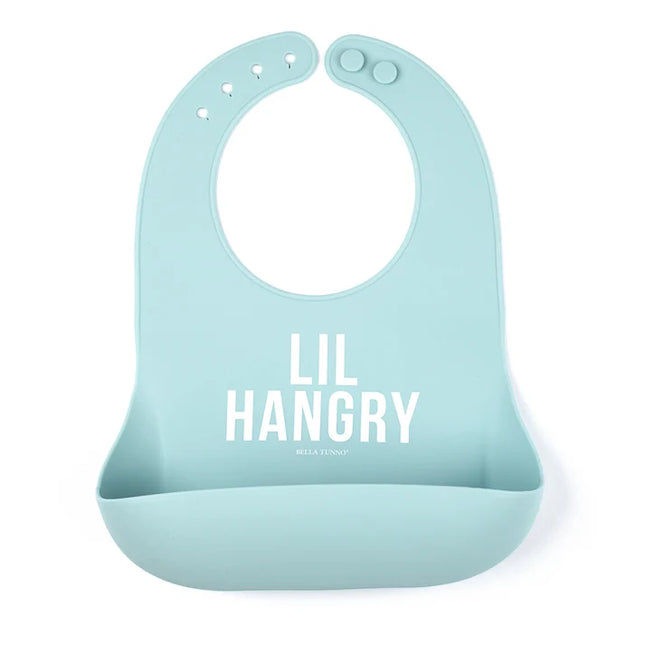 A light blue silicone baby bib with a front pocket and the words 'LIL HANGRY' printed in white