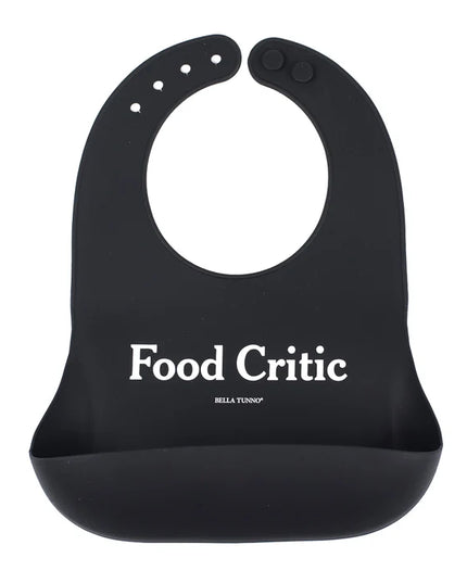 A black silicone baby bib with the words 'Food Critic' printed on the front
