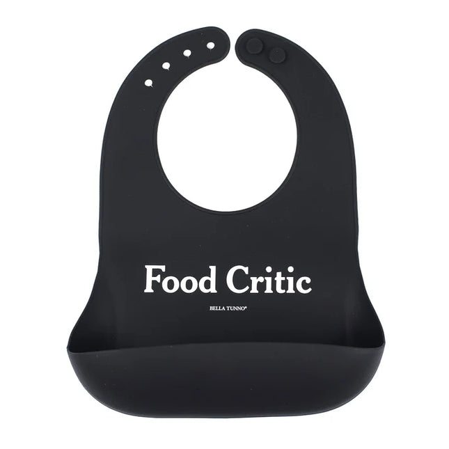 A black silicone baby bib with the words 'Food Critic' printed on the front