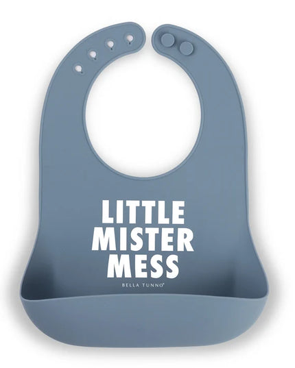 Blue bib with 'Little Mister Mess' text