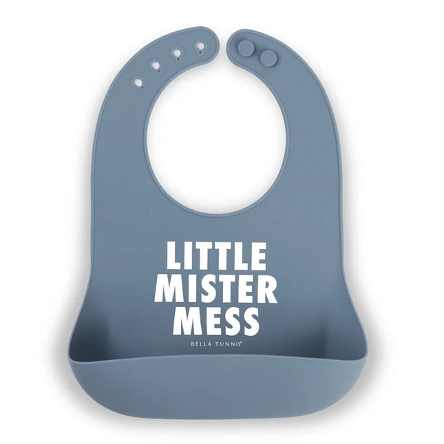 Blue bib with 'Little Mister Mess' text