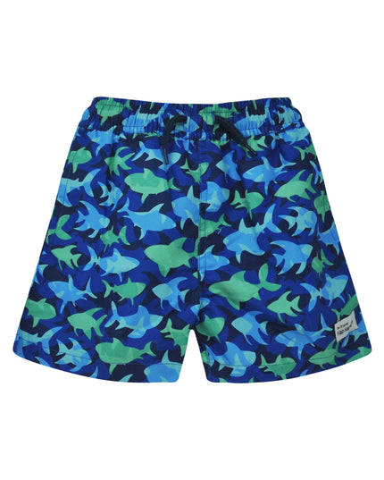 Blue and green shark-patterned swim suit