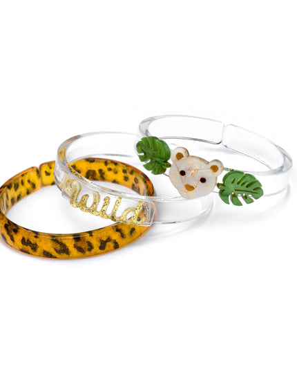 Bracelet set with leopard print, leopards and 'wild' writing. 