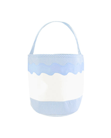 Back of blue and white gift tote bag