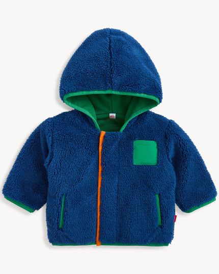 Blue hooded sherpa jacket with green and orange accents