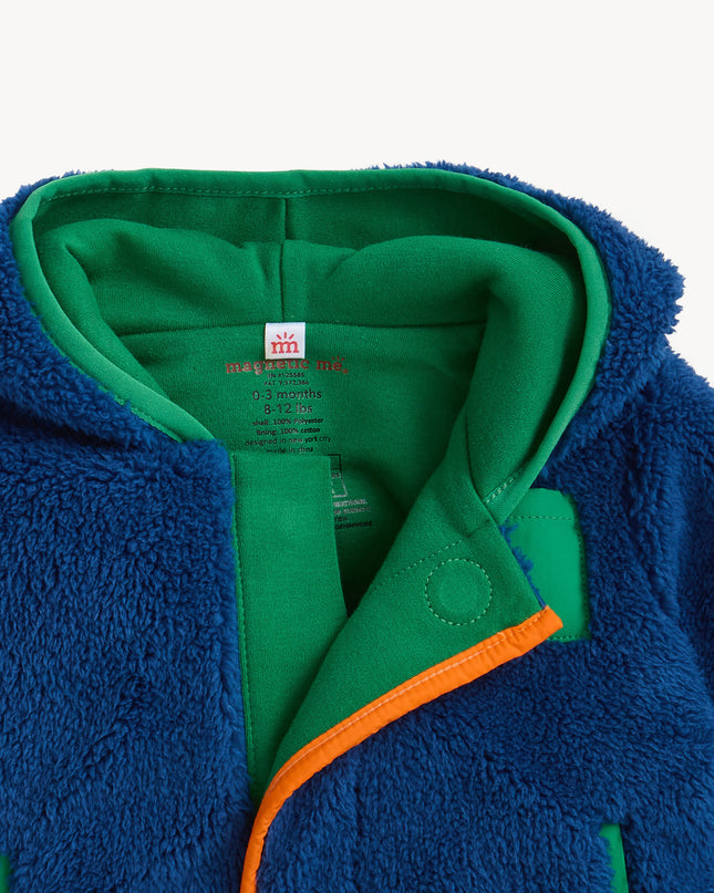 Blue hooded sherpa jacket with green and orange accents