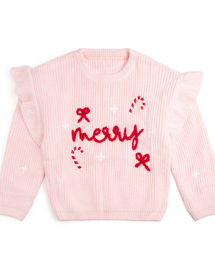 Pink Christmas Sweater with "Merry", Candy Cane, Bow and Star Embroidery