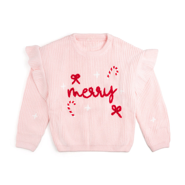 Pink Christmas Sweater with "Merry", Candy Cane, Bow and Star Embroidery