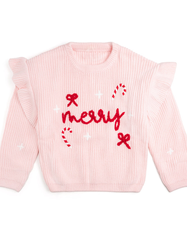 Pink Christmas Sweater with "Merry", Candy Cane, Bow and Star Embroidery