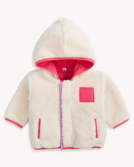 Cream sherpa hoodie with pink  and purple accents 